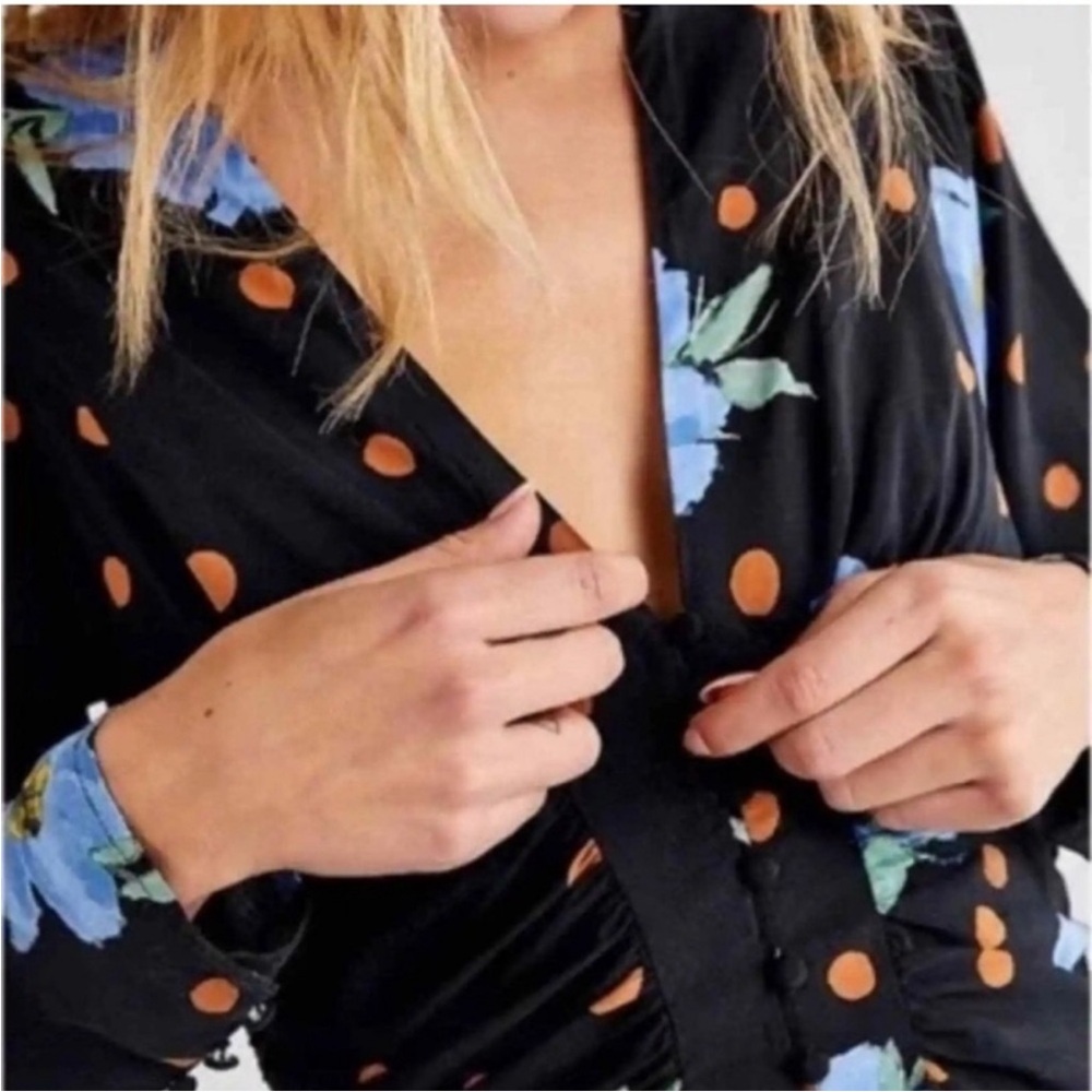 FREE PEOPLE Date Night Mini Black Floral Polka Dot Moonlight Dress. Size Small - Picture 4 of 13